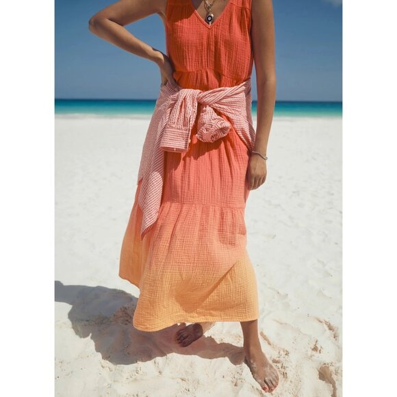 Marine Layer Corinne Double Cloth Maxi Dress Womens Large Orange Gauze Vacation - Picture 2 of 14